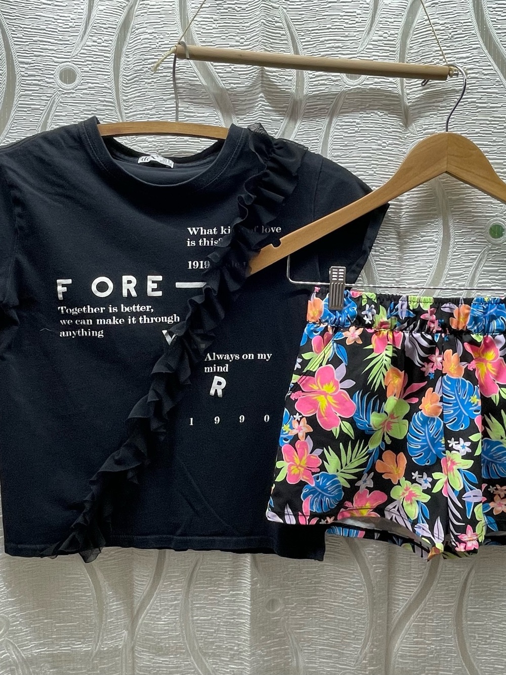 Dex Justice Girls T-Shirt Shorts Set M 10‎ Black Tropical Floral Good Ruffle